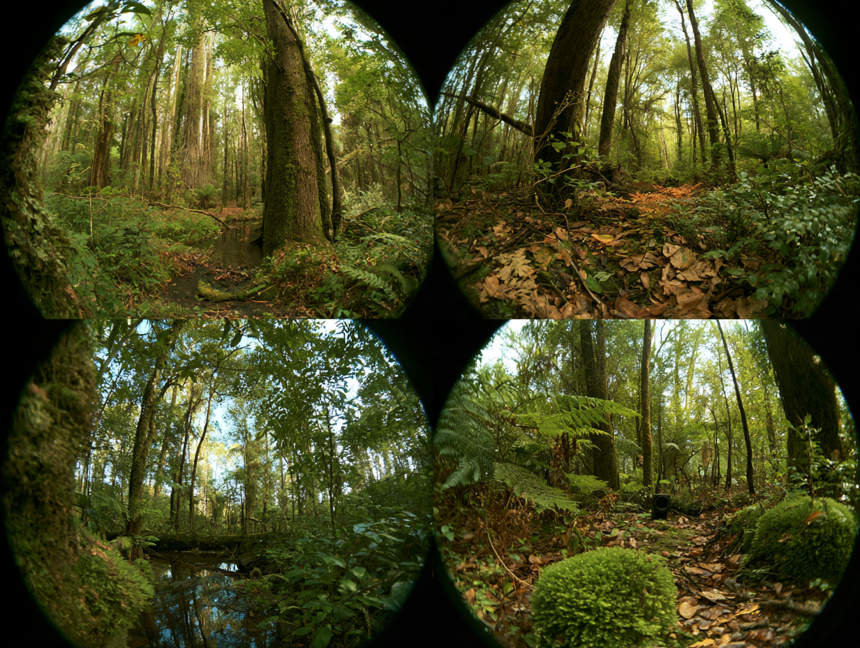 Four simultaneous camera views of a forest